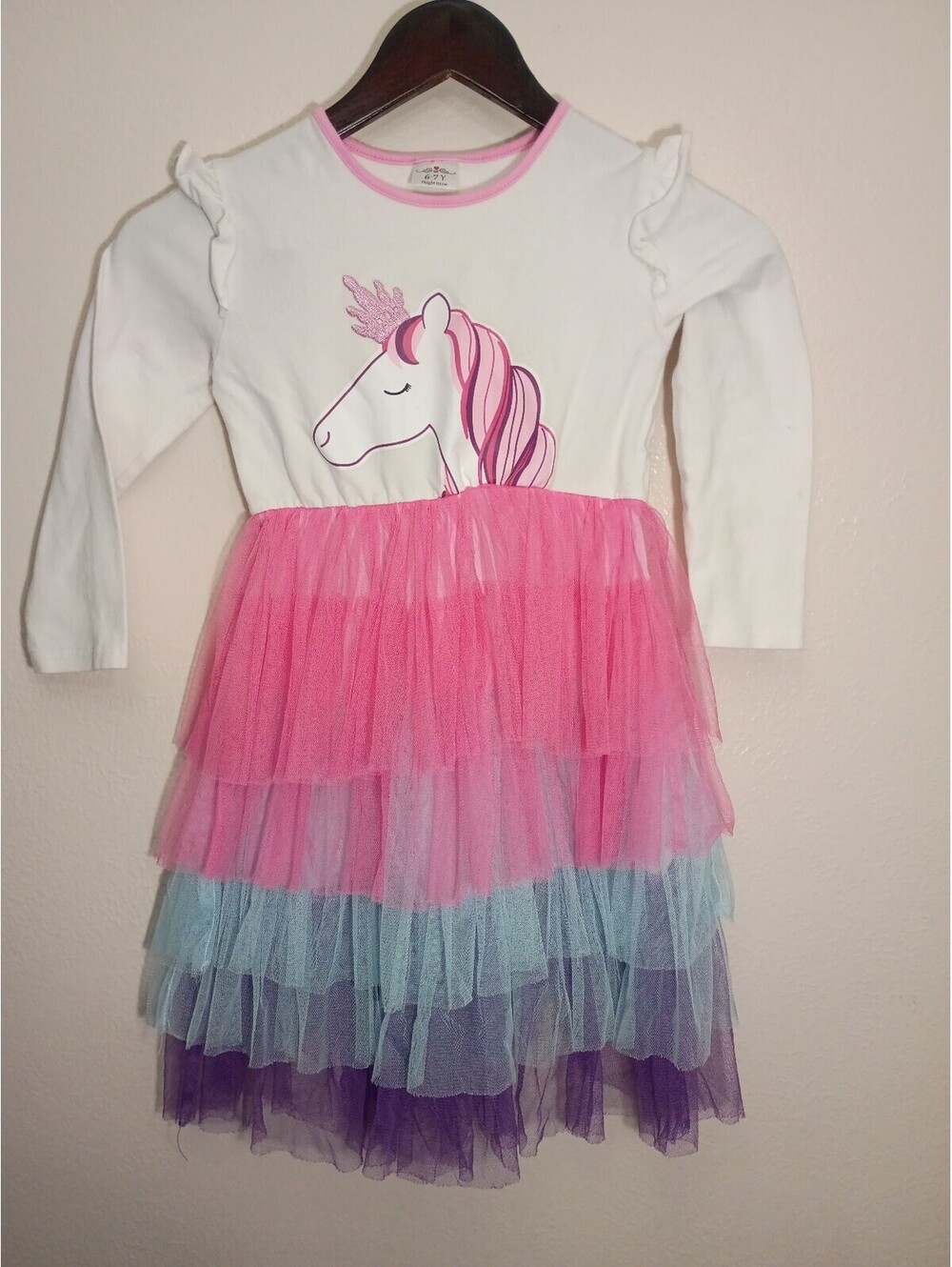 Girls 6-7Y Unicorn Tulle Layered Dress with Long Sleeves